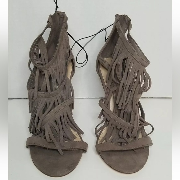 Taupe "Radiohead" Faux Suede Fringe Open Toe Heeled Sandals - Picture 8 of 12